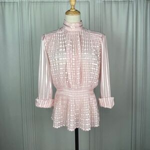 Vintage Nicola - Pink Striped Mock Neck Peplum Top‎ Back Button Blouse - Size 4